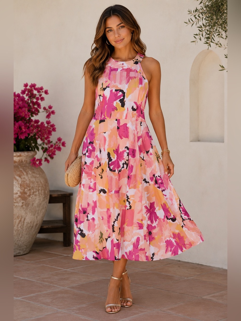The Limited Abstract Floral Halter Neck Midi Dress - Size 8P